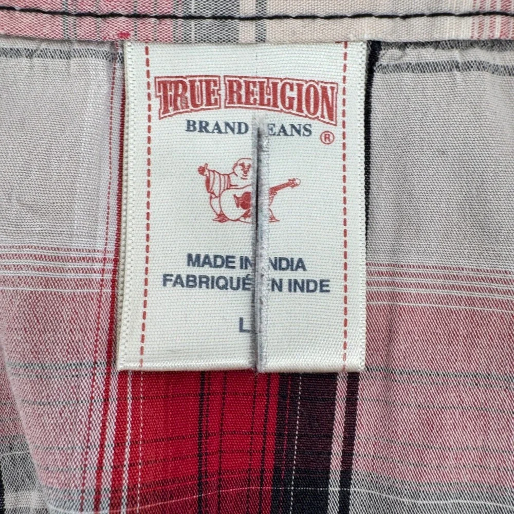 True Religion Plaid Pearl Snap Button Western Shirt Red Black White Size L *READ